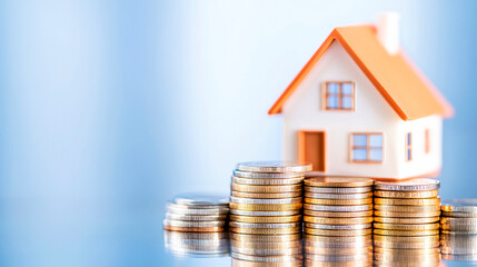 House on a Pile of Coins: A miniature house sits atop a stack of gold and silver coins, symbolizing the financial investment and security of homeownership. A hopeful image representing the dream of ow