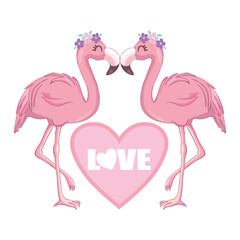 LOVE with romantic flamingos - Valentine's Day handdrawn illustration with two Flamingo couple in love. Handmade lettering print. Vector illustration .