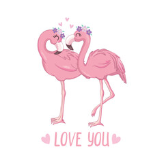 LOVE with romantic flamingos - Valentine's Day handdrawn illustration with two Flamingo couple in love. Handmade lettering print. Vector illustration .