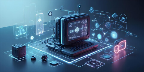 A high-tech, neon-lit cyberpunk environment featuring interconnected circuit-like structures with glowing blue and orange lines, conveying a futuristic, digital world.
