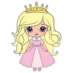 The princess is a sweet little princess. A hand-drawn beautiful, pretty, romantic curly-haired girl Princess. Vector illustration.
