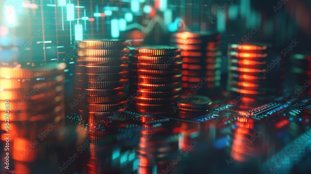 Poster Rows of coins with finance graph and stock display double exposure concept