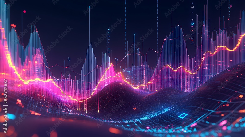 Poster abstract data visualization with pink and yellow lines on a dark background