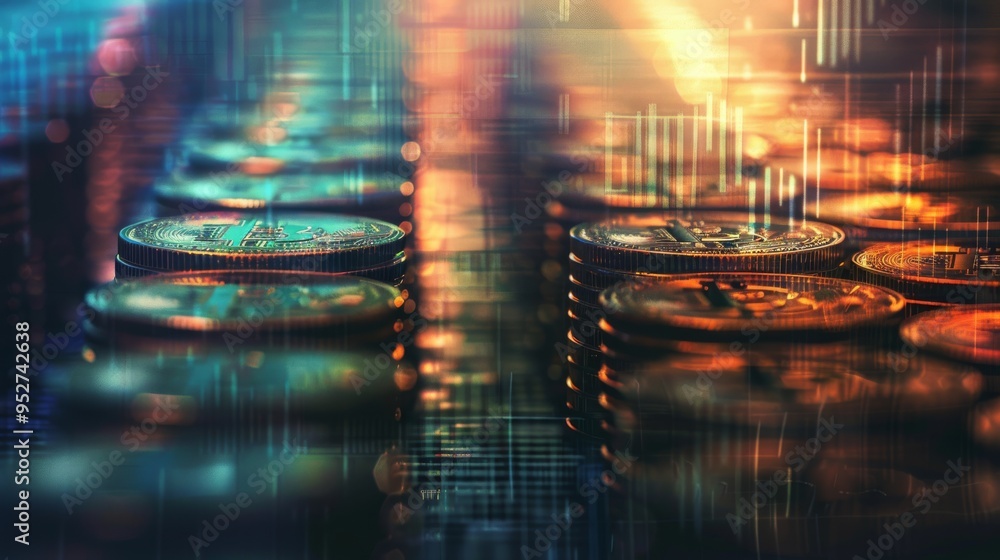 Poster Rows of coins with graph and stock display double exposure finance and banking theme