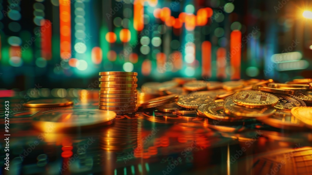 Poster Rows of coins with graph and stock display double exposure finance and banking theme
