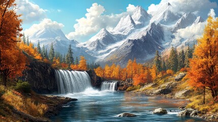 Fall mountain river landscape with waterfalls