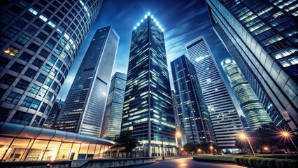 Obraz premium Wide angle view capturing dark high rise skyscrapers at night, cityscape, urban, skyline, buildings, architecture