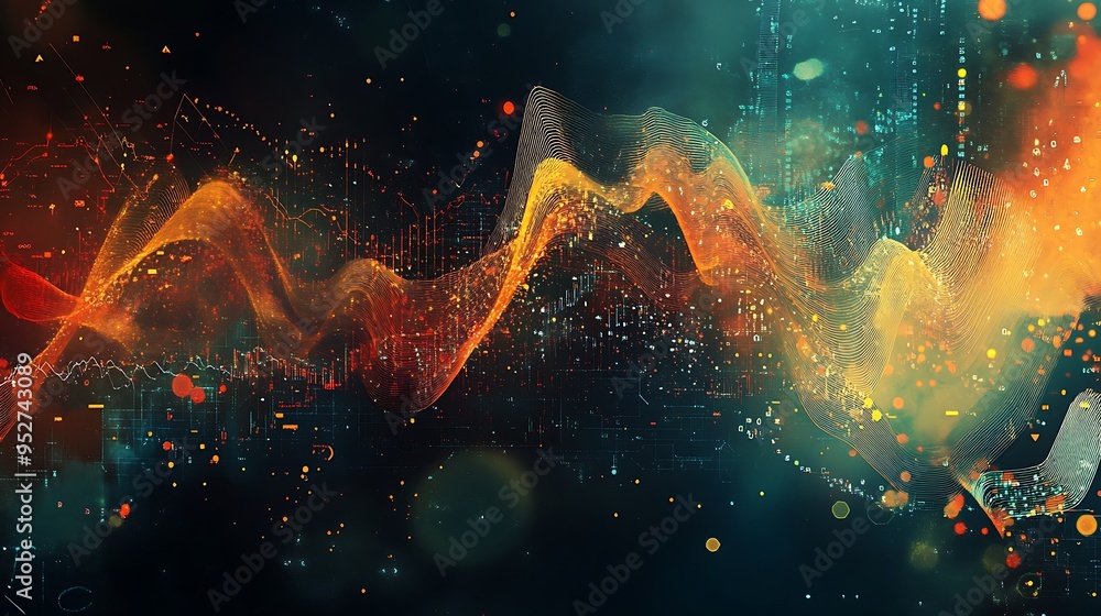 Poster abstract digital wave pattern with lights and data