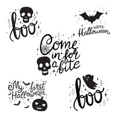 Happy Halloween concept. Set of holiday quotes: happy halloween. Vector illustration of pumpkin, witch hat, bat. Hand lettering typography, brushcalligraphy