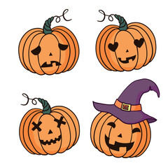 Halloween pumpkin with happy face on dark background. Vector cartoon Illustration.