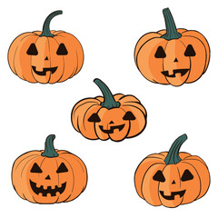 Halloween pumpkin with happy face on dark background. Vector cartoon Illustration.
