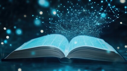 Fototapeta premium An open book with glowing pages, surrounded by shimmering particles, symbolizing knowledge and imagination.