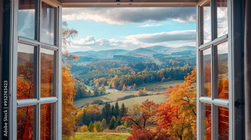 Poster scenic view from a window overlooking a serene mountain landscape in autumn with colorful foliage