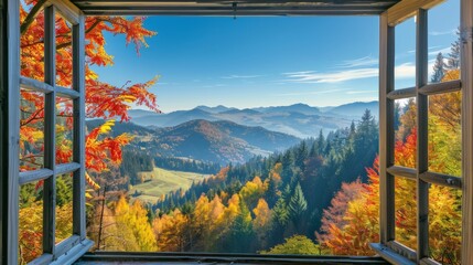 Scenic view from a window overlooking a serene mountain landscape in autumn with colorful foliage