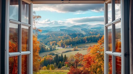 Scenic view from a window overlooking a serene mountain landscape in autumn with colorful foliage