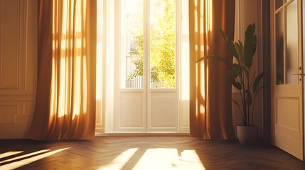 A serene scene of a sunlit room with an open door and flowing curtains, suggesting a warm welcome