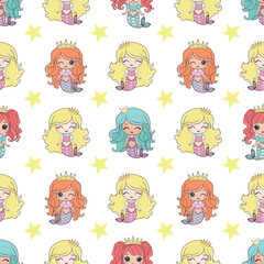 Mermaids girls vector pattern. Cute cartoon card with little mermaid seamless pattern. Fish, mermaid under the sea cartoon style