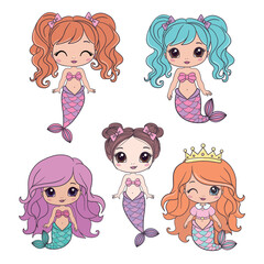 Beautiful little mermaid. Siren. Sea theme. Hand drawn vector illustration on a white background.