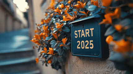A beautiful modern letterbox has "START 2025" written in large letters. Nature, side view.