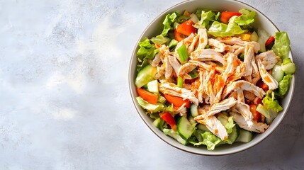 A vibrant bowl of buffalo chicken salad featuring shredded chicken, crisp lettuce, and colorful vegetables, beautifully arranged on a light solid color background