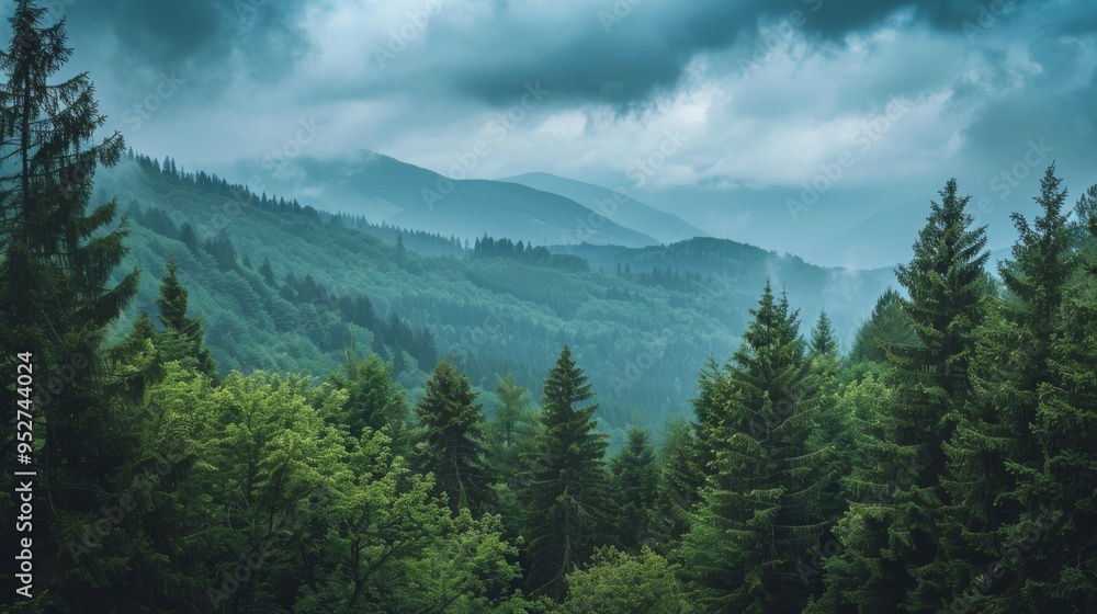 Aufkleber serene mountain forest view with dramatic cloudy sky overhead