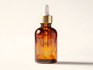 Captivating Glass Bottle of Luxurious Amber Hair Serum with Ornate Calligraphic Label on Clean White Background