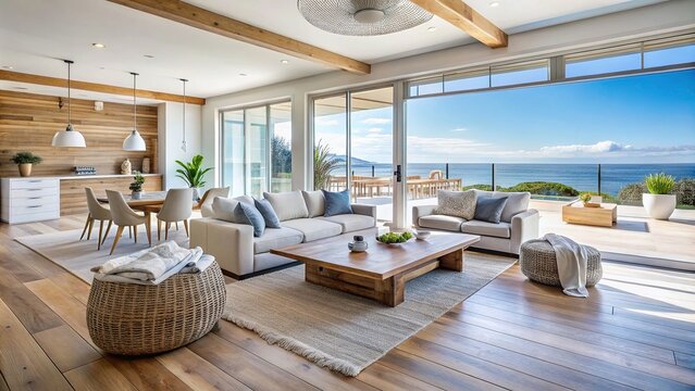 airy beachy coastal house with large sliding glass doors and wooden accents in bright and breezy white and blue color scheme with natural textures and open layout feeling carefree and relaxed