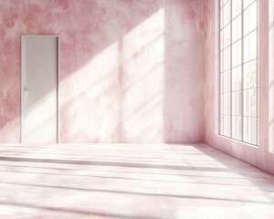 Sunlight Streaks on Pink Wall Tile Floor Minimalist Interior with White Door Window Tatami