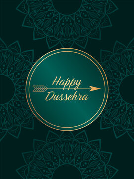 Golden text Happy Dussehra and arrow on green background with round golden frame and floral mandala elements. Elegant festive design for greeting card or poster for Hindu celebration Dussehra.