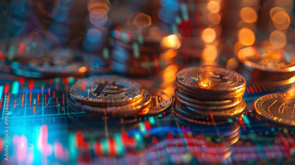 Poster Stock display with coins and graph double exposure finance and banking theme