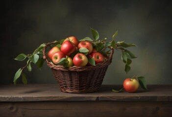 A wicker basket filled with freshly picked red apples, accompanied by green leaves, placed on a wooden table with a soft cloth.
