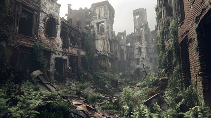 Fototapeta premium Abandoned cityscape overrun by overgrown vegetation and crumbling buildings Post-apocalyptic gritty worn with muted desaturated colors and heavy textures detailed 3D ruins