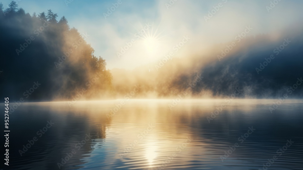 Poster sunlight shining through dense fog over a calm lake