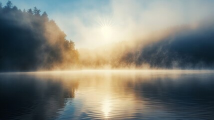 Sunlight shining through dense fog over a calm lake