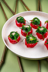 Vibrant Sushi Bites Topped with Fresh Seaweed