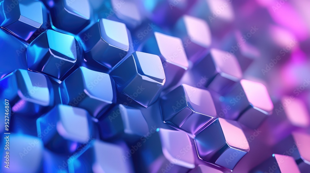 Poster a digital abstract pattern with 3d shapes in blue and purple gradients, creating a futuristic geomet