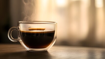 A single elegant glass cup filled with steaming coffee, placed on a soft light background highlighting its transparency