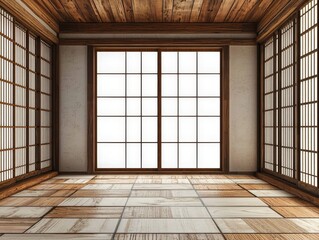 Minimalist Japanese Room with Wooden Floor Shoji Screen Windows and Natural Light Perspective Tatami