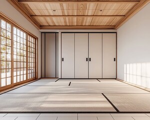 Minimalist Japanese Room Wooden Ceiling White Sliding Doors Tatami Mat Floor Low Perspective Sunlight Stream Through Window Tatami
