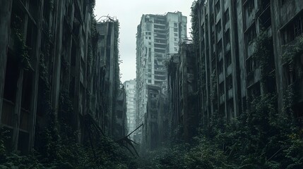Abandoned cityscape overrun by overgrown vegetation and crumbling buildings Post-apocalyptic gritty worn with muted desaturated colors and heavy textures detailed 3D ruins