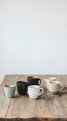 A rustic wooden table with a variety of cups in different sizes and shapes, set against a calm pastel background