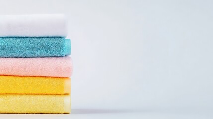 Colorful stacked towels in a clean and modern setting, perfect for home, spa, or hospitality themes.