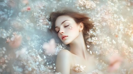 Naklejka premium A serene woman embodying the essence of Venus, surrounded by soft pastel flowers, captured in a gentle light