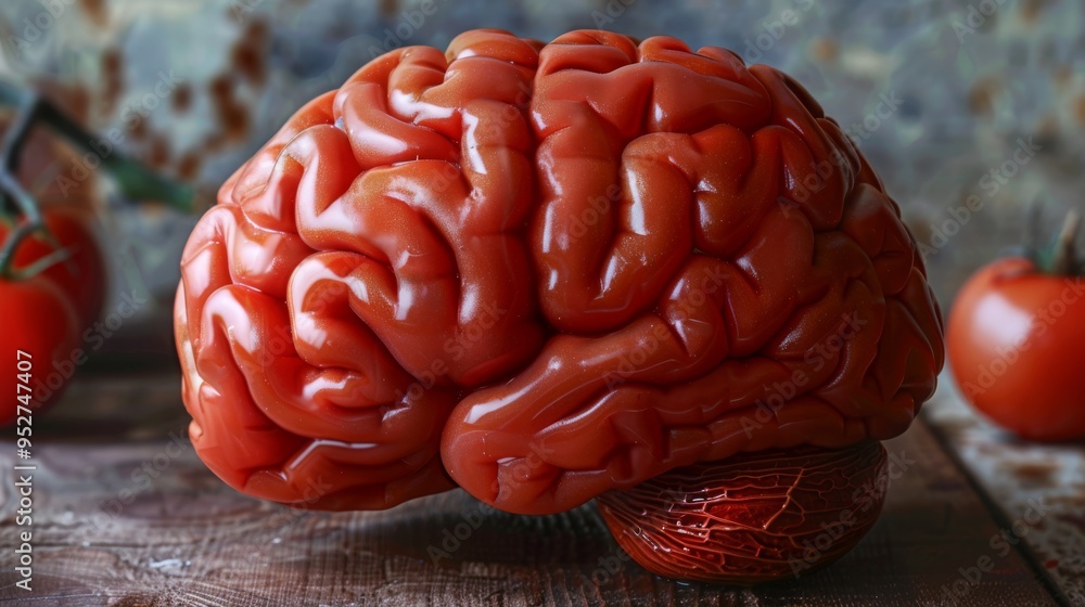 Poster Tomato brain with red hues and realistic brain patterns