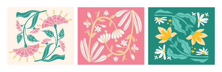 Modern creative and cute floral decoration, symmetry flowers, plants, deco for background, design, architect, fabrics, repeat pattern, package design, gift card