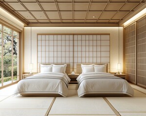 Tranquil Zen Bedroom with Tatami Mat Flooring and Wooden Latticework Minimalist Interior Design Concept Tatami
