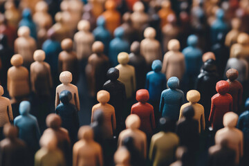 Fototapeta premium Numerous small figurines in diverse colors arranged closely together representing a crowd or community concept