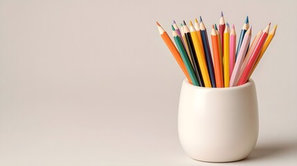 A modern ceramic pencil holder with a matte finish, styled with colorful pencils and placed on a light solid color background