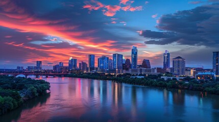 Fototapeta premium Twilight over Austin skyline with colorful clouds and buildings