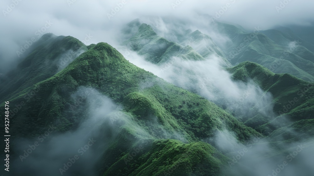 Poster verdant mountain slopes blanketed by fog and low-hanging clouds